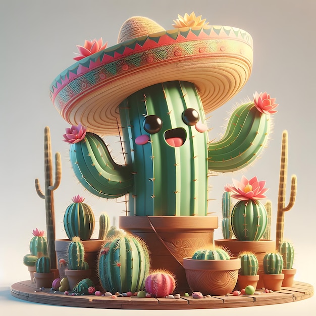 Cinco De Mayo Cactus 3D Render Cute Cartoon Ilustracja izolowane białe tło