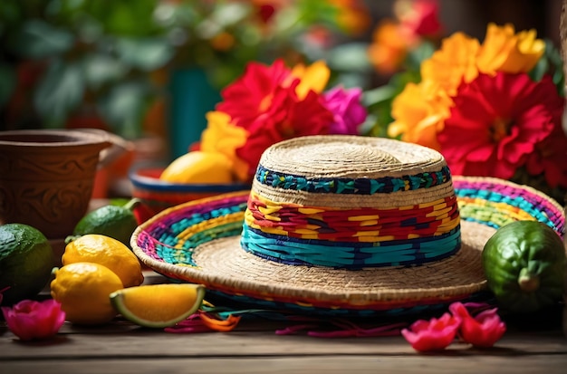 Cinco de Mayo sombrero spoczywa na stole obok miski zielonych cytryna