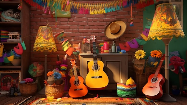 Cinco de Mayo ustawił sombreros pinatas, gitarowe marakasy i dekorację Generative AI