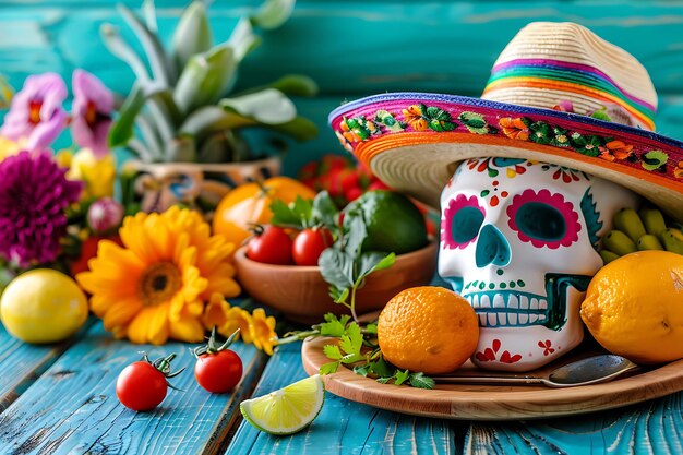 Cinco de mayo z czaszką i kapeluszem.