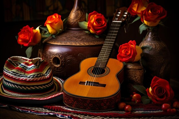 Zdjęcie cinco de mayo z gitarą i kapeluszem