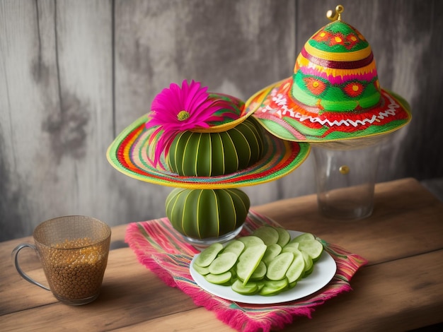 Cinco de Mayo z żywym meksykańskim kaktusem i świątecznym kapeluszem sombrero
