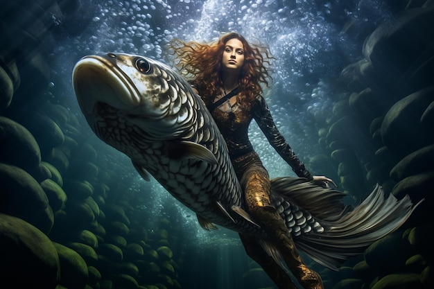 Cinematic Enchantment Allure of a Gorgeous Mermaid with Long Wavy Hair Scaled Body and Majesty