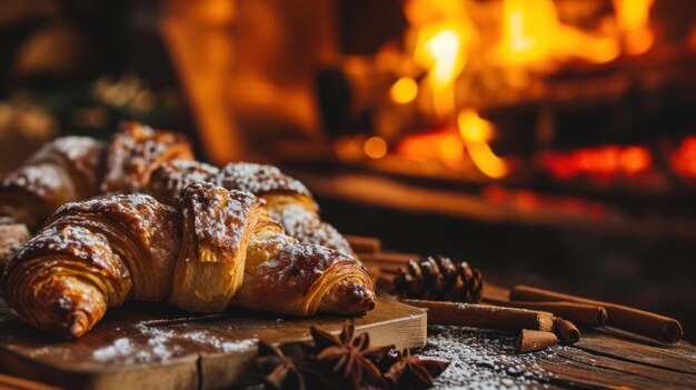 Zdjęcie cinnamon sugar croissant przeciwko przytulnemu zimowemu kominku