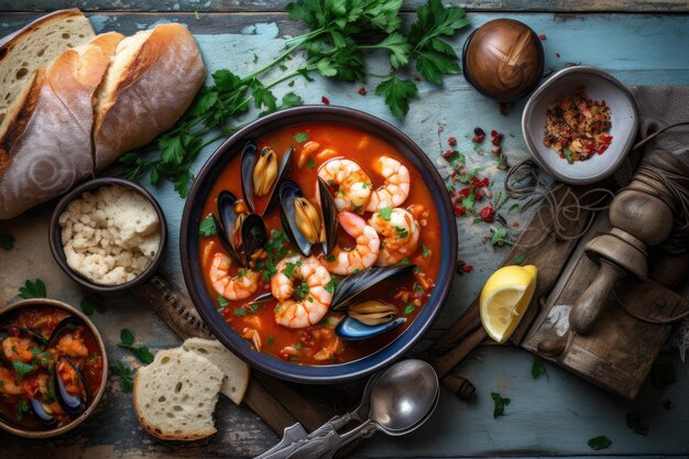 Cioppino gotowy do spożycia w talerzu profesjonalna fotografia reklamowa jedzenia