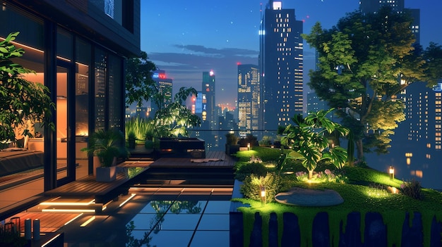 City Skyline Rooftop Garden Night Scene Architektura miejska