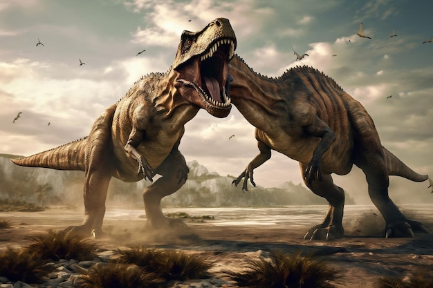 Cliffside Battle of Two Tyrannosaurus Rex Dinosaurs Generacyjna sztuczna inteligencja