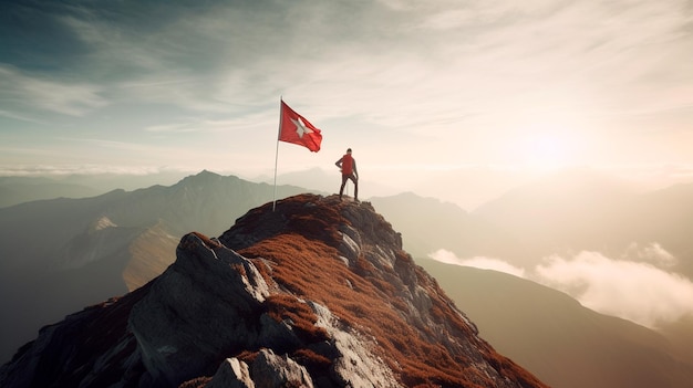 Climber umieszcza flagę na szczycie góry Generative AI