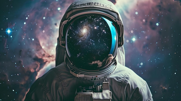 Zdjęcie closeup astronauta w garniturze kosmicznym przeciwko gwiezdnej galaktyce podróż międzygalaktyczna i eksploracja koncepcyjny obraz ai