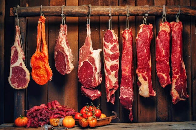 Closeup mięsa wędzonego lub suszonego Mięso suszone i szynka zawieszone na linie Świeże produkty mięsne Produkcja gospodarstwa domowego
