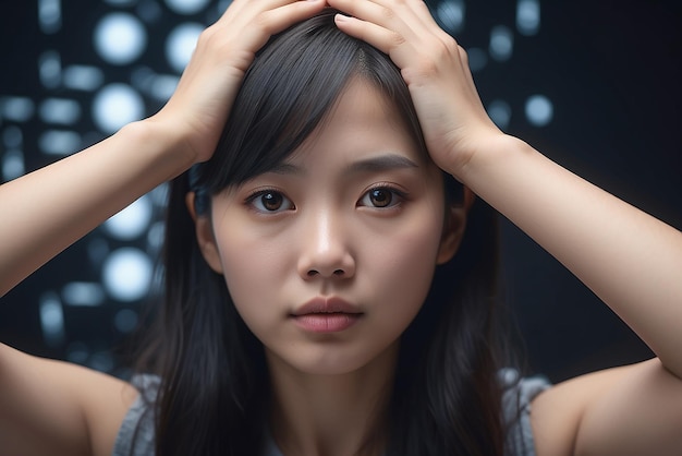 Closeup młodej azjatyckiej kobiety trzymającej ręce na głowie w smutku stworzony za pomocą generatywnej sztucznej inteligencji