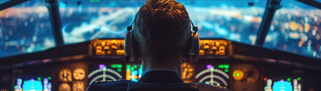 Zdjęcie closeup of a pilot in a cargo plane cockpit screens showing global flight routes for logistics