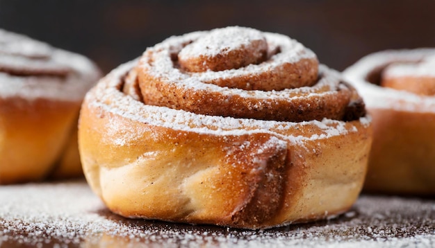 Zdjęcie closeup of cinnamon buns with powdered sugar fresh bakery