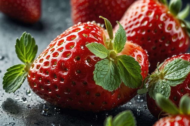 Zdjęcie closeup of strawberries with a sprinkle of mint leaves