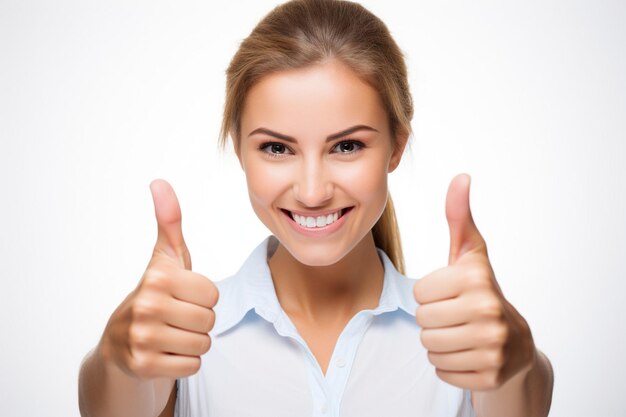 Zdjęcie closeup portrait of a beautiful young woman showing thumbs up sign isolate over white background