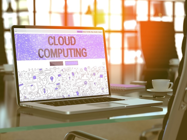 Cloud Computing koncepcja zbliżenie na stronę docelową ekranu laptopa w nowoczesnym biurze pracy. Stonowany obraz z selektywną ostrością. Renderowanie 3D.