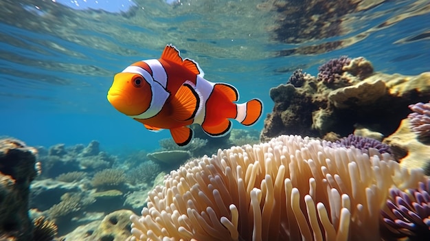 Clownfish rozbawiają wśród anemonów Splitview promieniuje z wyspą z plażą i palmami bujne tropikalne