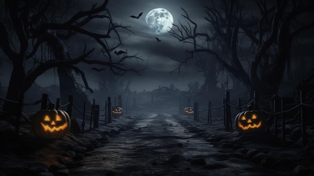Cmentarz cmentarz w przerażającej ciemności Noc pełnia księżyca i martwe drzewa Wydarzenie świąteczne Halloween tło baner