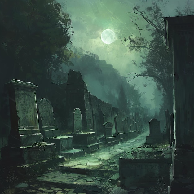 Cmentarz nawiedzony z mgłą pod pełnią księżyca Horror i koncepcja gotycka Projekt plakatów filmów grozy