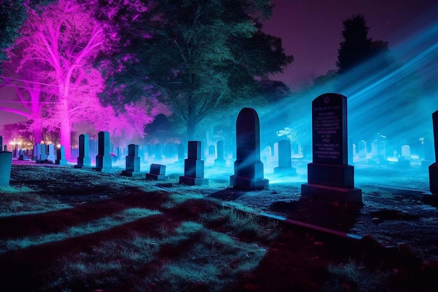 Cmentarz nocny Dzień Pamięci Pamięci zmarłych Groby w nocnym świetle Generatywna sztuczna inteligencja