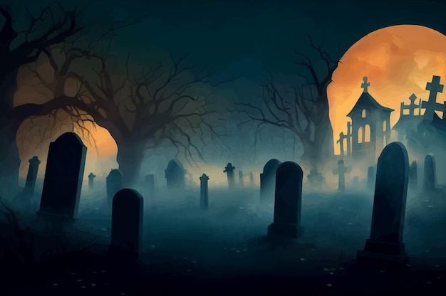 Cmentarz w noc halloween ze złymi nietoperzami z dyni, a w tle nawiedzony zamek i sztandar pełni księżyca