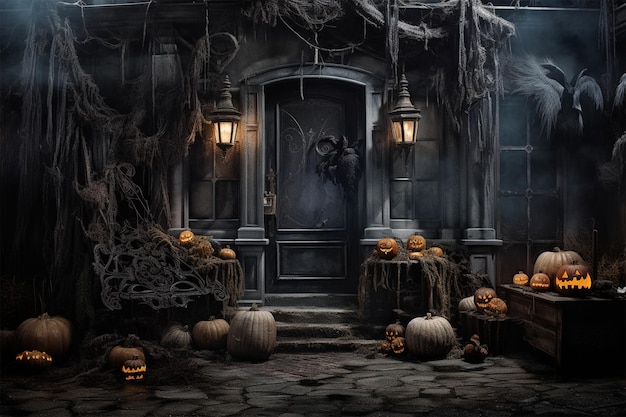 cmentarz w noc Halloweena z złymi dyniami i na tle nawiedzony zamek