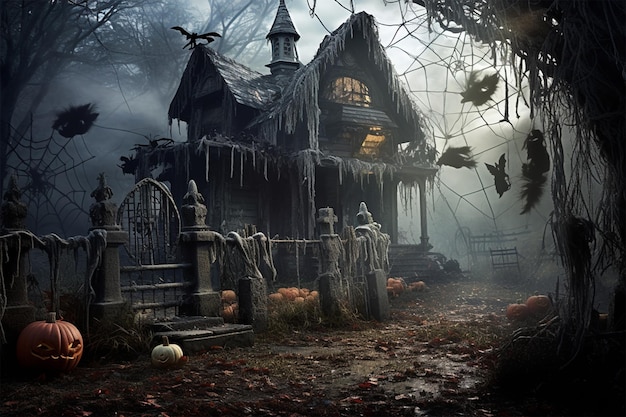 cmentarz w noc Halloweena z złymi dyniami i na tle nawiedzony zamek