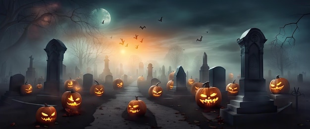 Cmentarz w strasznym lesie śmierci na nocnym sztandarze Halloween z pełnią księżyca i świecącymi dyniami wysoko