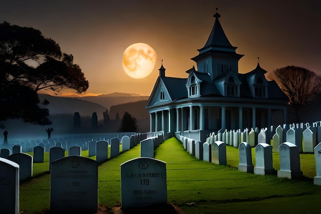 Cmentarz z pełnią księżyca za nim.