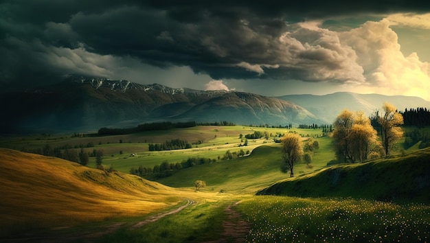 Co za wspaniała panorama pokrytych chmurami gór i zielonych łąk.