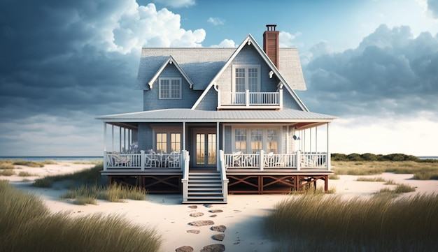 Coastal Charm Ilustracja przedstawiająca generatywną sztuczną inteligencję Summer Beach House