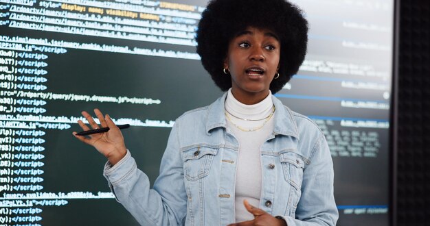 Coding lecture student and woman teaching education and learning in ai course African person class and study programming in university with data for software development in presentation on screen