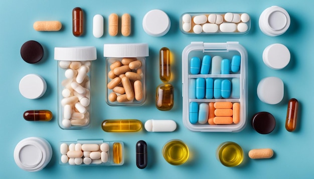 Zdjęcie codzienne pudełko z lekami i suplementami odżywczymi na niebieskim tle