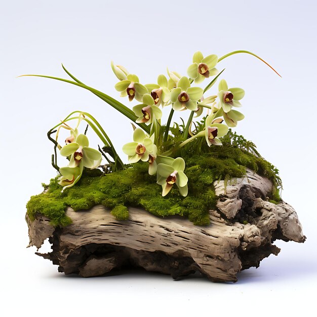 Coeloglossum Viride GreenFlowered Orchid Terrestrial Growth Plant i Log na białym tle