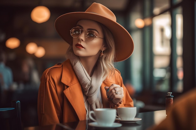 Coffee Shop Couture Lifestyle obraz osoby noszącej modne ubrania w kawiarni Generative Ai