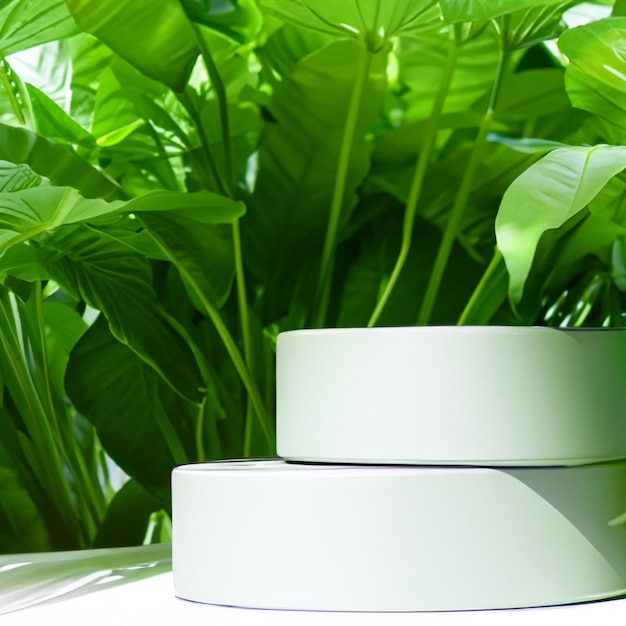 Zdjęcie cokół dla produktu otoczony jest zielonymi szczelinami z naturalnym światłem słonecznym