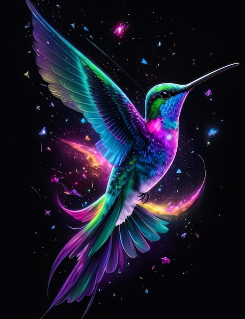 Colibri lub hummingbird neon świecące zwierzę samodzielnie na ciemnym tle Hummingbird w locie