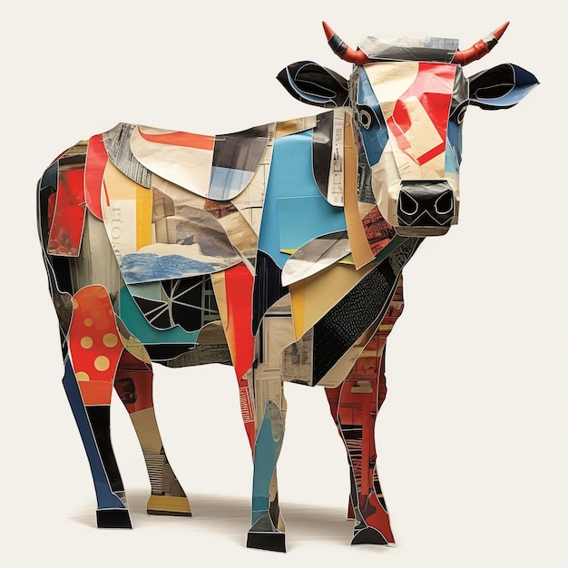 Collage Cow 3d Kolorowa papierowa kreacja zainspirowana przez Picassa