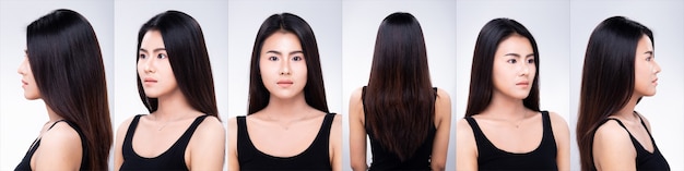 Collage Group Pack of Young 20s Asian Woman czarne długie proste włosy noszą obszerną dżinsową pozę z uśmiechniętą twarzą i ramionami w dobrym nastroju i obracają się o 360 stopni. Oświetlenie studyjne białe tło na białym tle