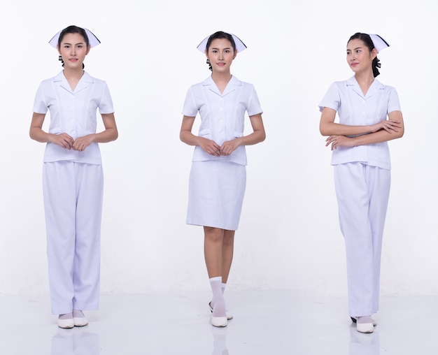 Collage Group Pełna długość Rysunek przystawki z lat 20. Asian Woman nosić Pielęgniarka Białe spodnie, spódnica i buty. Stoisko kobiece i pozy na białym tle na białym tle