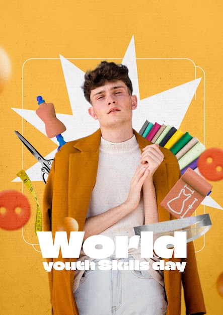 Collage młodych ludzi i elementów reprezentujących różne umiejętności na Światowy Dzień Umiejętności Młodzieży