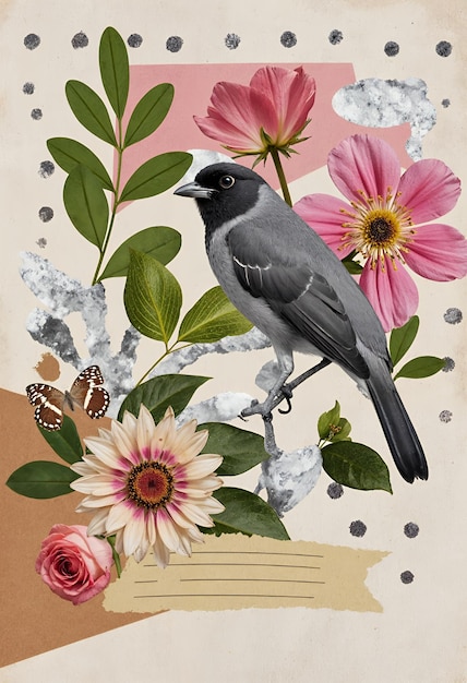 Collage ptaków z kwiatami Natura Sztuka Botanika Estetyka