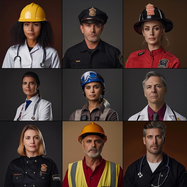 Collage różnych specjalistów w mundurach Różnorodność zatrudnienia i koncepcja kariery Dzień Pracy