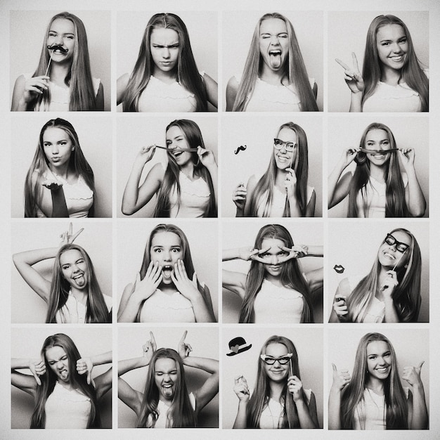 Collage różnych wyrazów twarzy kobiety Zdjęcie studyjne