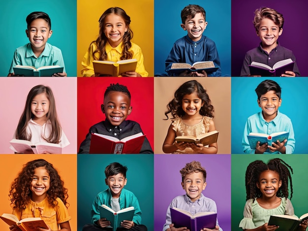 Collage szczęśliwych dzieci z wielu grup etnicznych czytających książki na kolorowych tle Koncepcja różnorodności inkluzywności alfabetyzacji