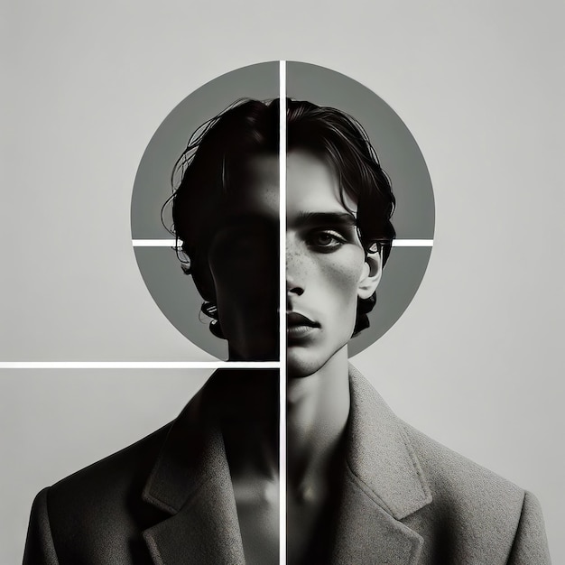 Zdjęcie collage sztuki współczesnej portret pięknego mężczyzny w płaszczu