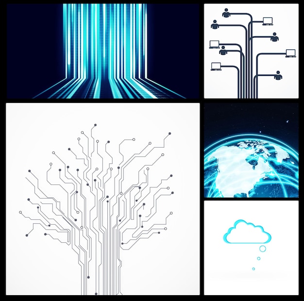 Collage technologii informacyjnej i sieci z globalnym systemem komputerowym do udostępniania danych Kompozytowe bezpieczeństwo cybernetyczne i sieć z ilustracją przetwarzania w chmurze dla komunikacji futurystycznej