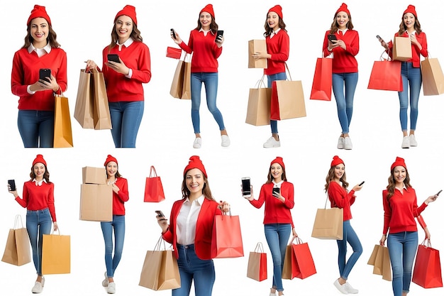 Collage ze smartfonem i szczęśliwą młodą kobietą trzymającą paczki