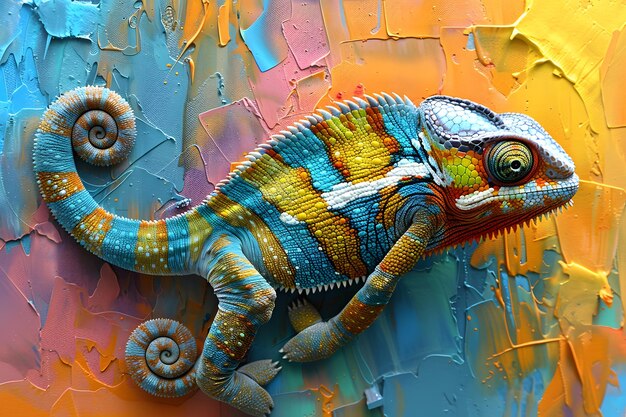 Zdjęcie colorful chameleon on textured painted background in vibrant hues