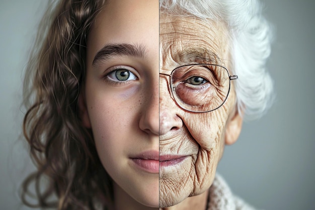 Zdjęcie comparison of young and aged female face teenager and old woman aging fear of passing time female life cycle flow of life 50 year difference generations heredity genes time is running